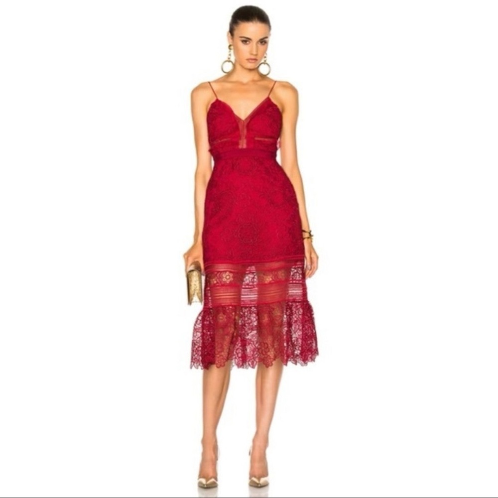 SELF PORTRAIT Floral Blush Lace Guipure Midi Dress in Raspberry Red Size 14 UK